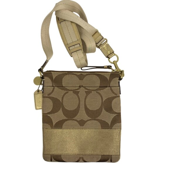 Coach Signature Logo Tan Jacquard Gold 40758 Swingpack Crossbody Shoulder Bag - Picture 6 of 16